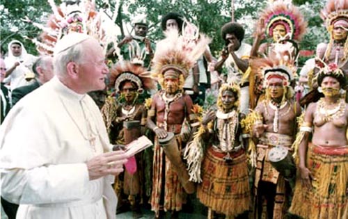 John Paul II and half naked natives of Papua New Guinea